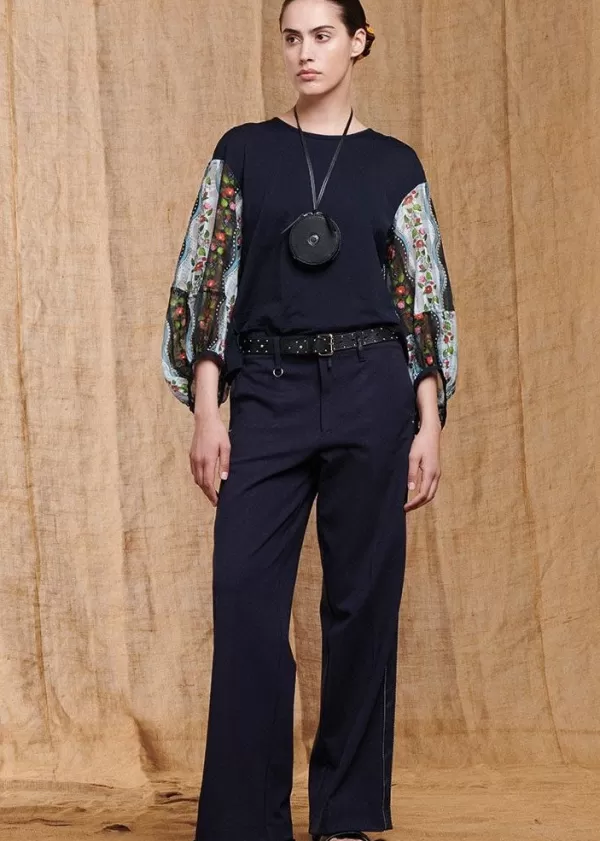 Best Sale HIGH DARLING LONG SLEEVED T-SHIRT WITH SEMI SHEER FLORAL SLEEVES NAVY MULTI