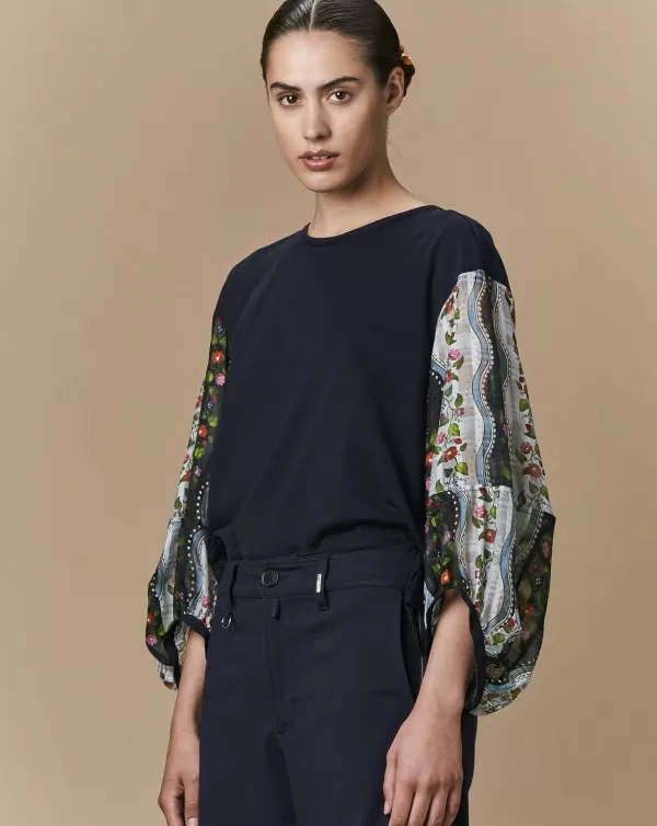 Best Sale HIGH DARLING LONG SLEEVED T-SHIRT WITH SEMI SHEER FLORAL SLEEVES NAVY MULTI