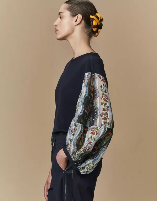 Best Sale HIGH DARLING LONG SLEEVED T-SHIRT WITH SEMI SHEER FLORAL SLEEVES NAVY MULTI