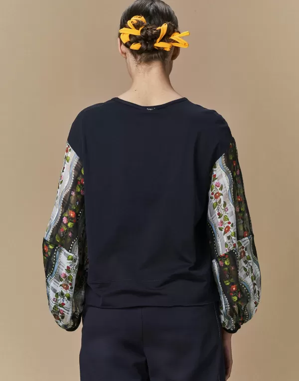 Best Sale HIGH DARLING LONG SLEEVED T-SHIRT WITH SEMI SHEER FLORAL SLEEVES NAVY MULTI
