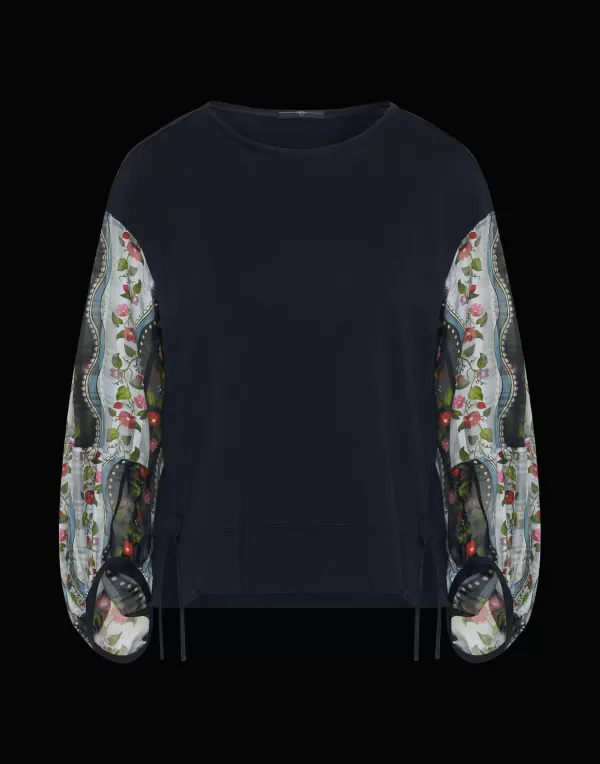 Best Sale HIGH DARLING LONG SLEEVED T-SHIRT WITH SEMI SHEER FLORAL SLEEVES NAVY MULTI